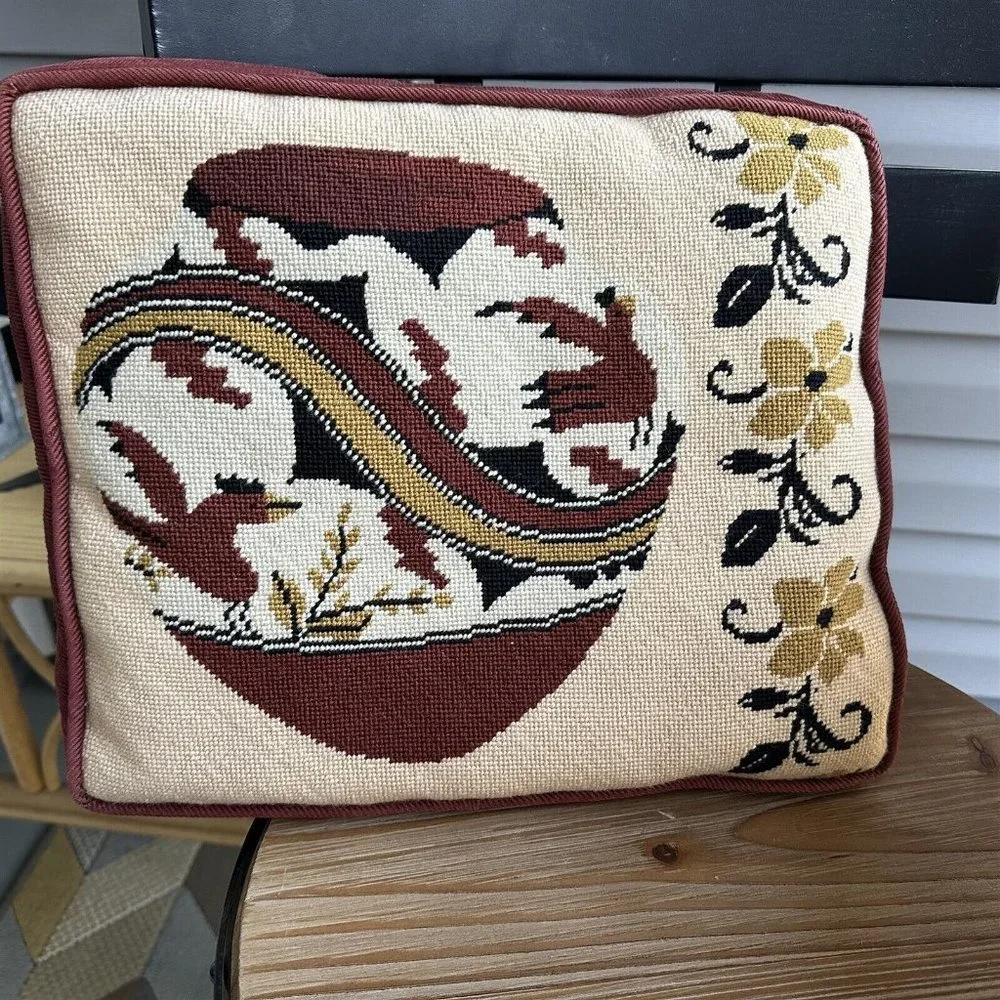 Throw Pillow Crewel Southwestern Kilim Pottery Hand Made Brown Bird Flower